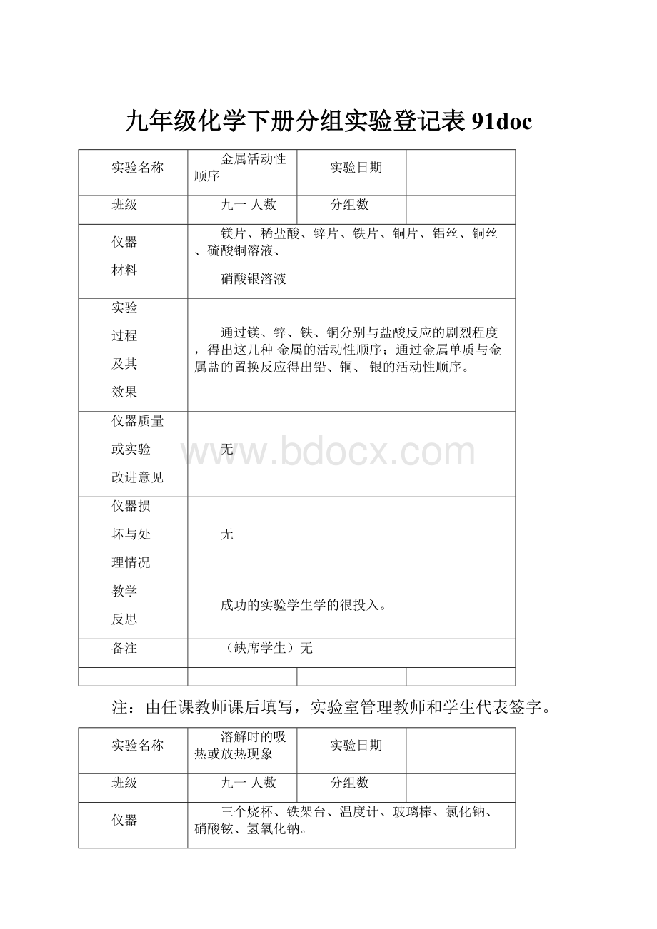 九年级化学下册分组实验登记表91doc.docx_第1页