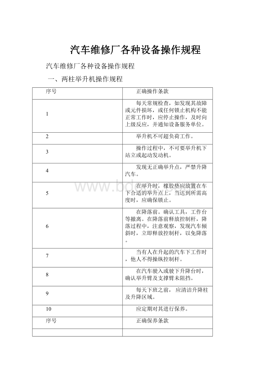 汽车维修厂各种设备操作规程.docx