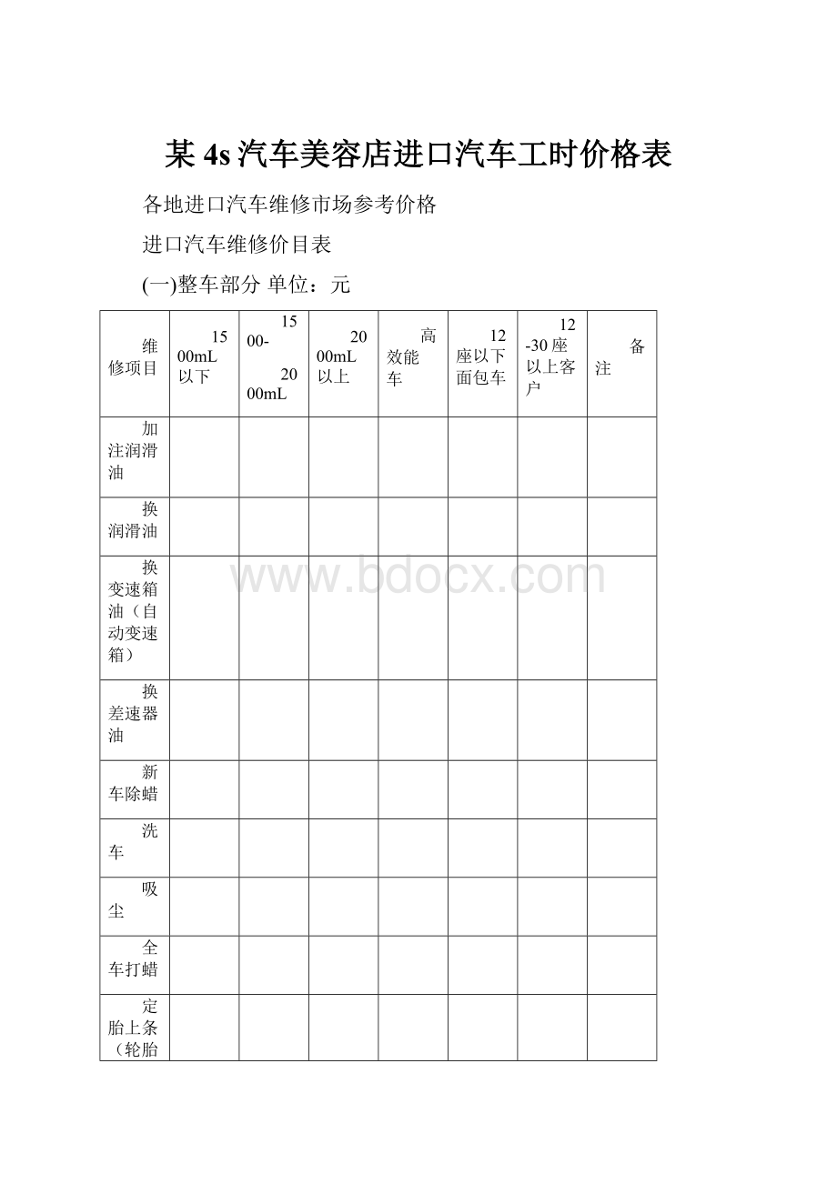 某4s汽车美容店进口汽车工时价格表.docx