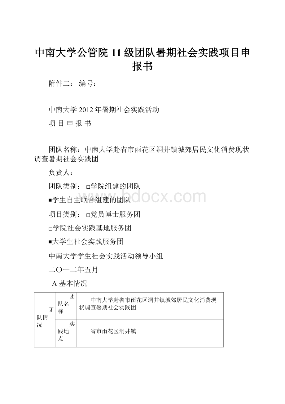 中南大学公管院11级团队暑期社会实践项目申报书.docx