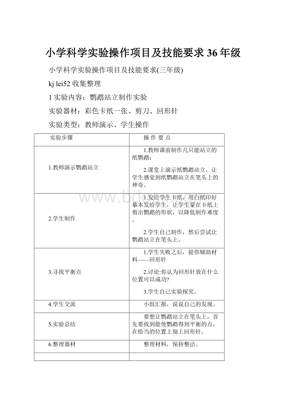 小学科学实验操作项目及技能要求36年级.docx