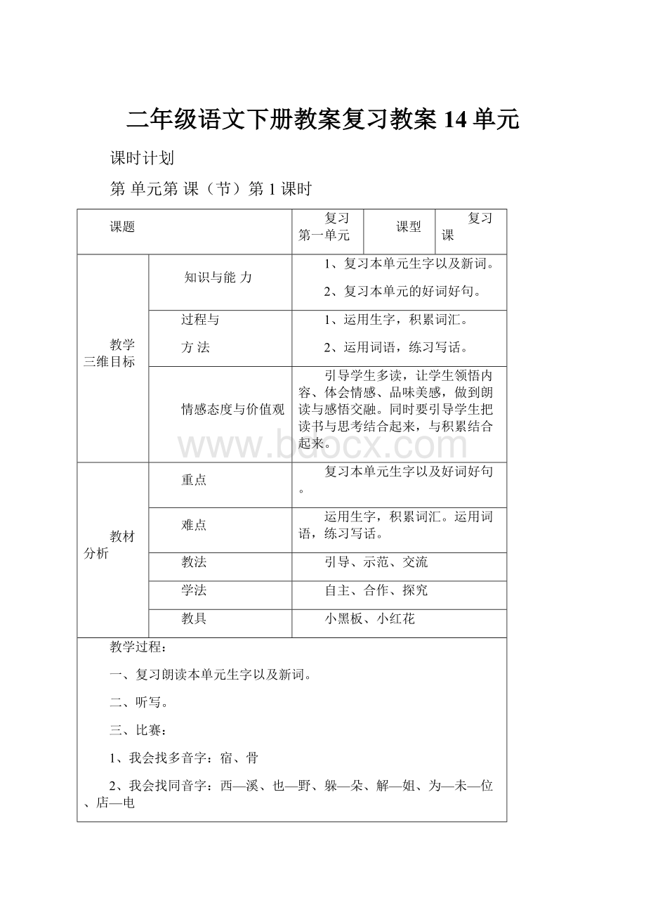 二年级语文下册教案复习教案14单元.docx