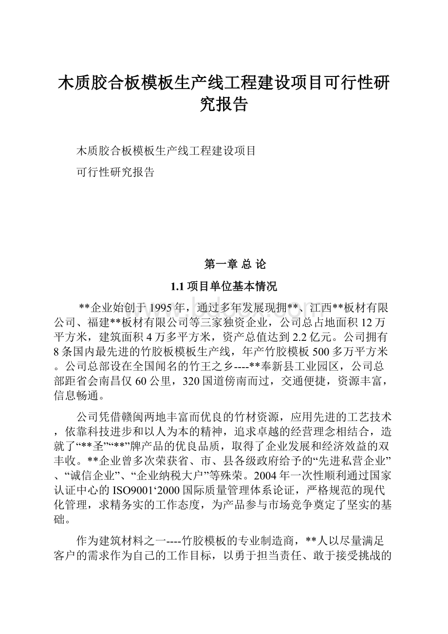 木质胶合板模板生产线工程建设项目可行性研究报告.docx_第1页