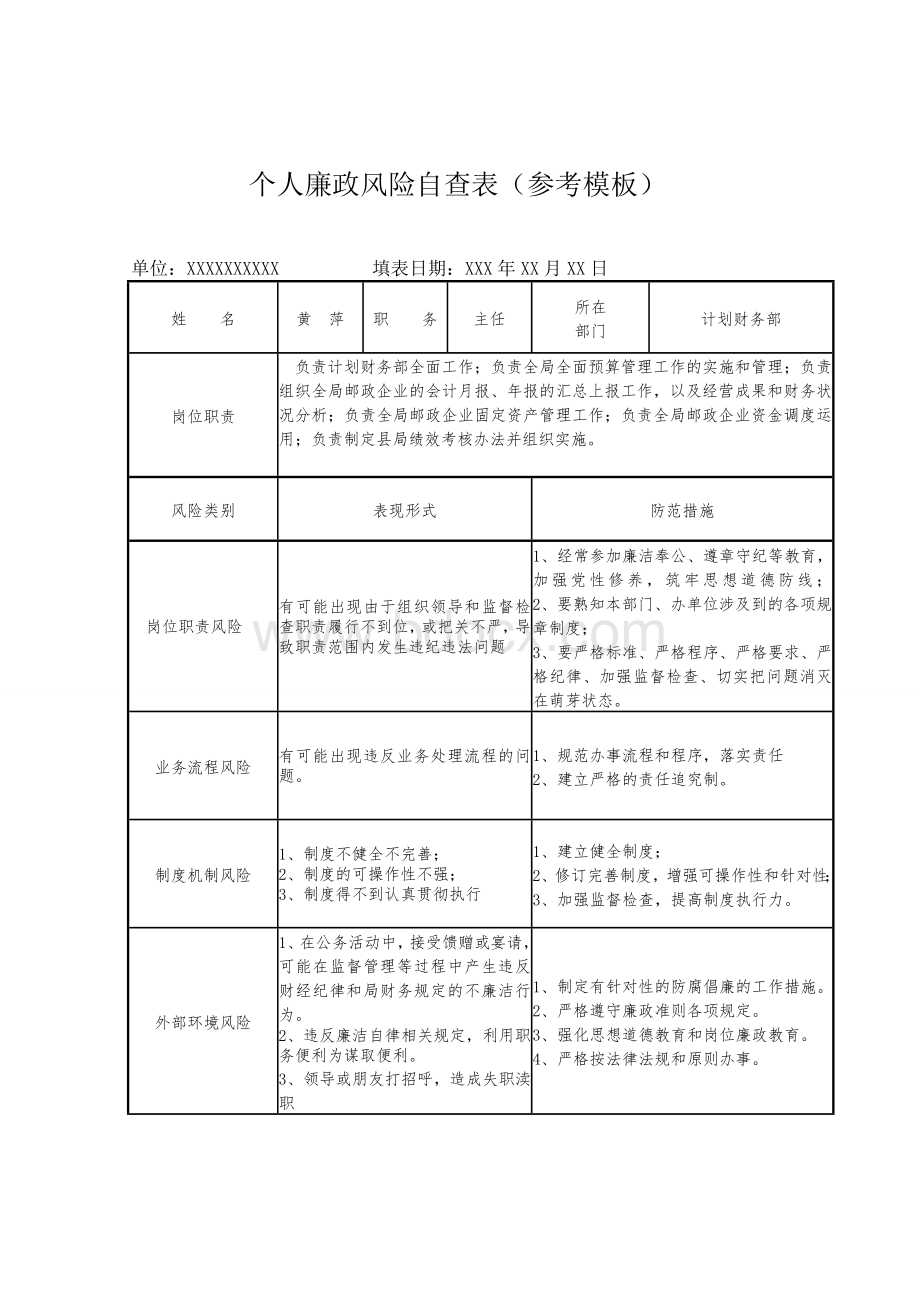 个人廉政风险自查表(参考模板).doc_第1页