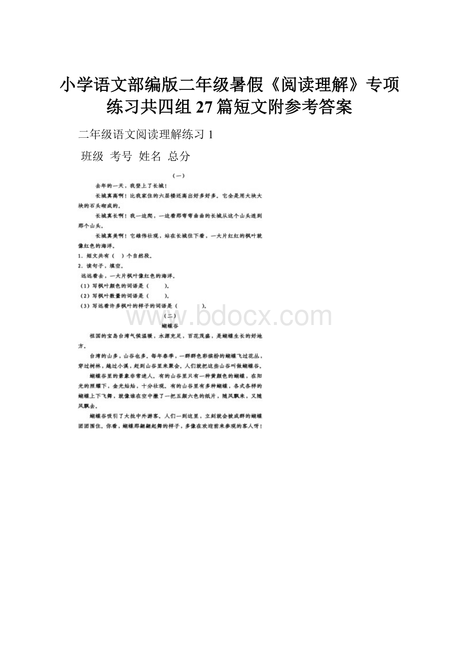 小学语文部编版二年级暑假《阅读理解》专项练习共四组27篇短文附参考答案.docx