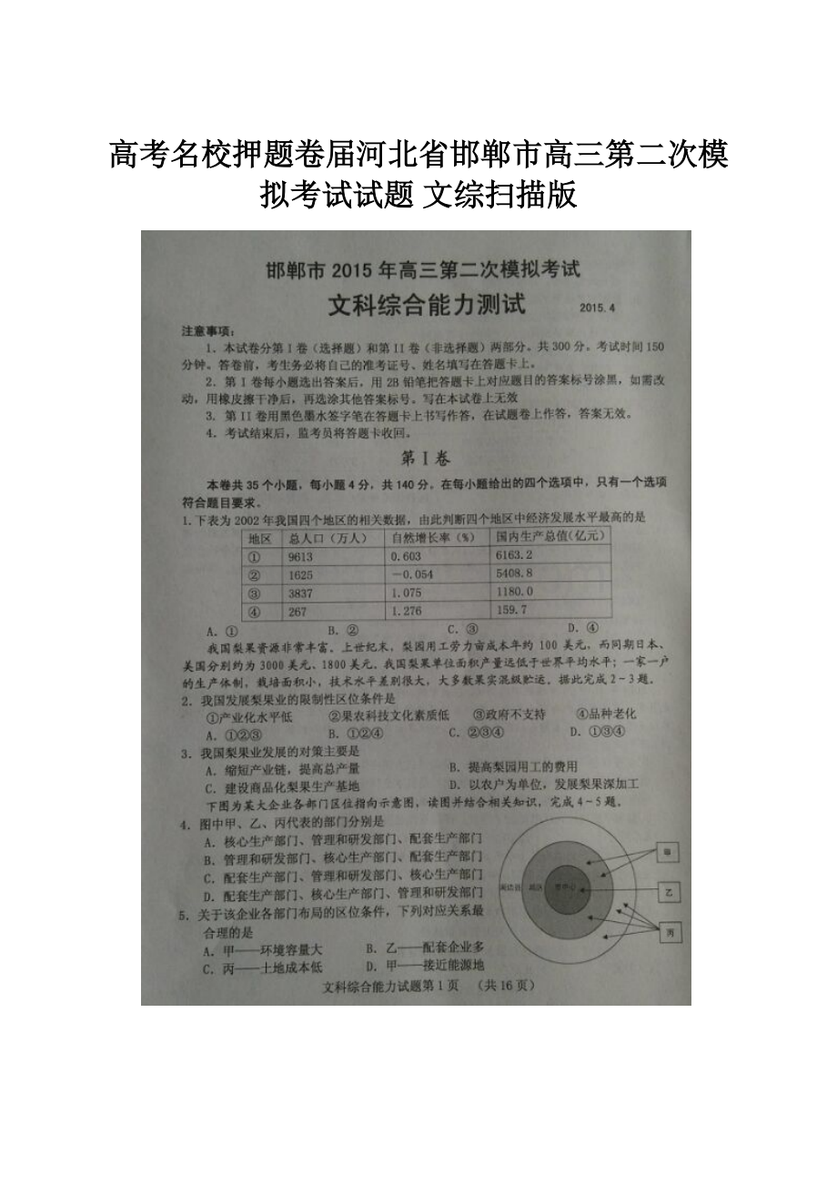 高考名校押题卷届河北省邯郸市高三第二次模拟考试试题 文综扫描版.docx