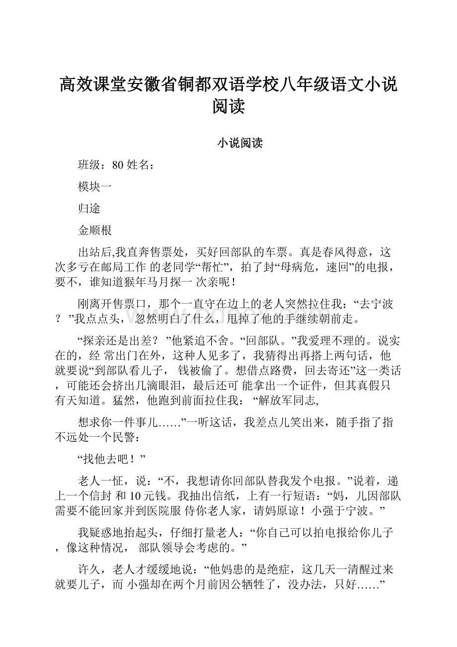 高效课堂安徽省铜都双语学校八年级语文小说阅读.docx