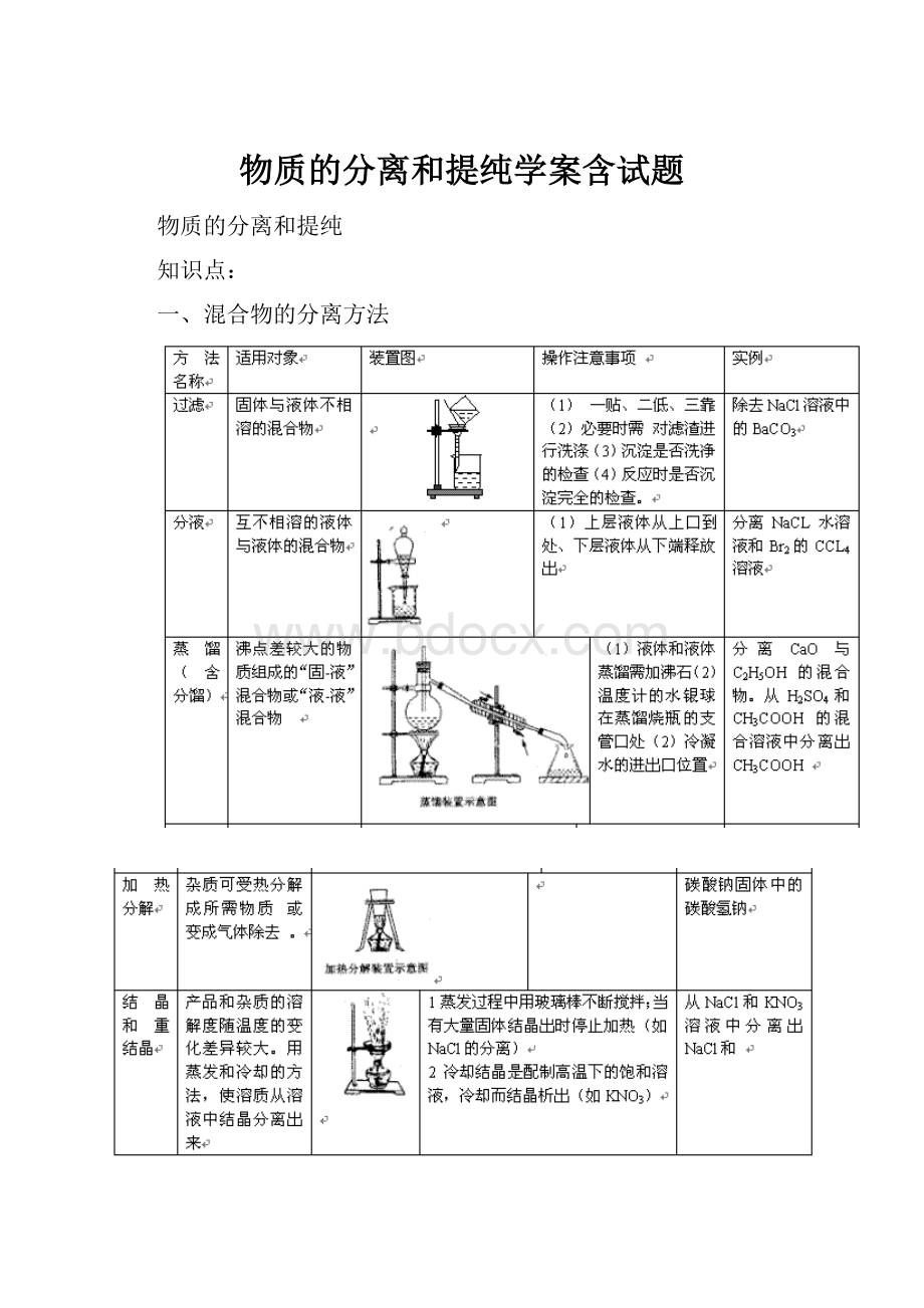 物质的分离和提纯学案含试题.docx