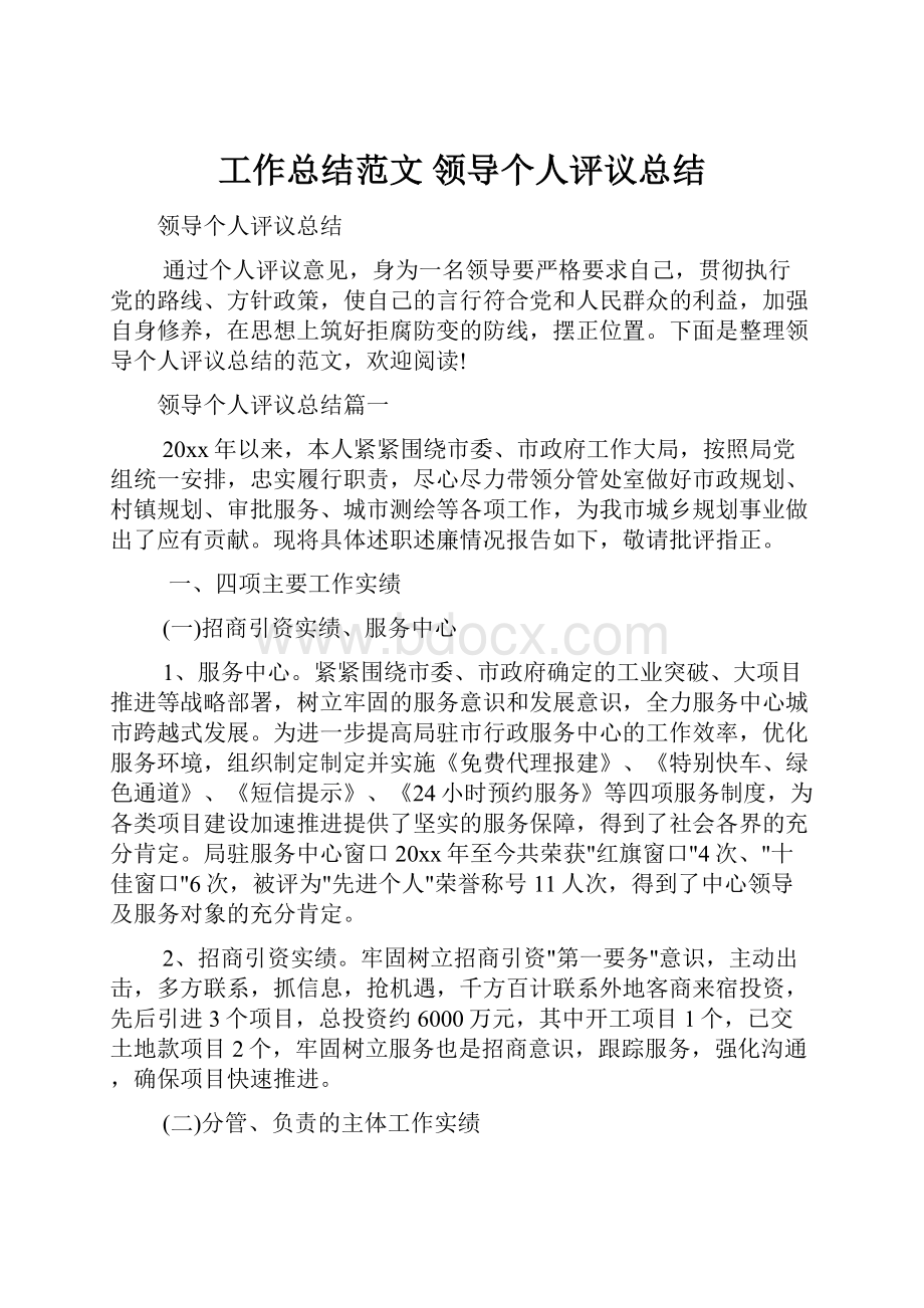 工作总结范文 领导个人评议总结.docx