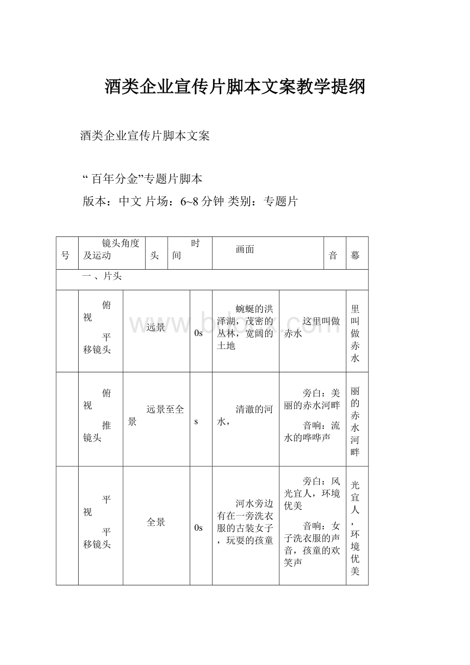 酒类企业宣传片脚本文案教学提纲.docx