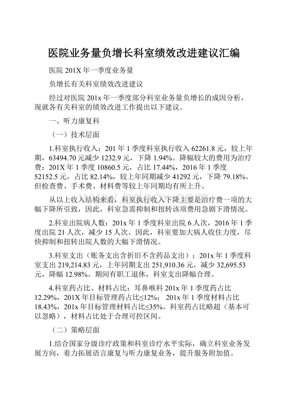 医院业务量负增长科室绩效改进建议汇编.docx