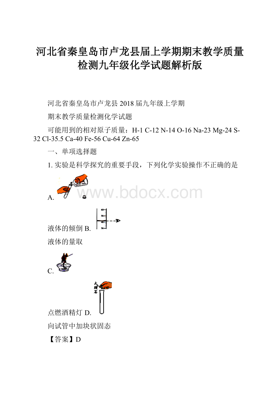 河北省秦皇岛市卢龙县届上学期期末教学质量检测九年级化学试题解析版.docx_第1页