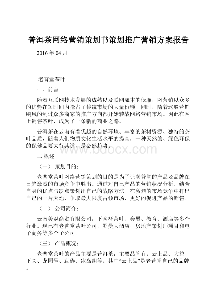 普洱茶网络营销策划书策划推广营销方案报告.docx