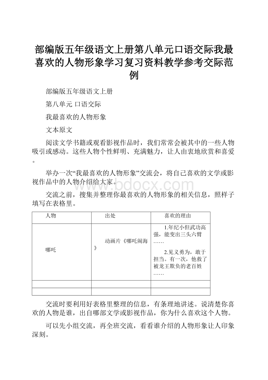 部编版五年级语文上册第八单元口语交际我最喜欢的人物形象学习复习资料教学参考交际范例.docx