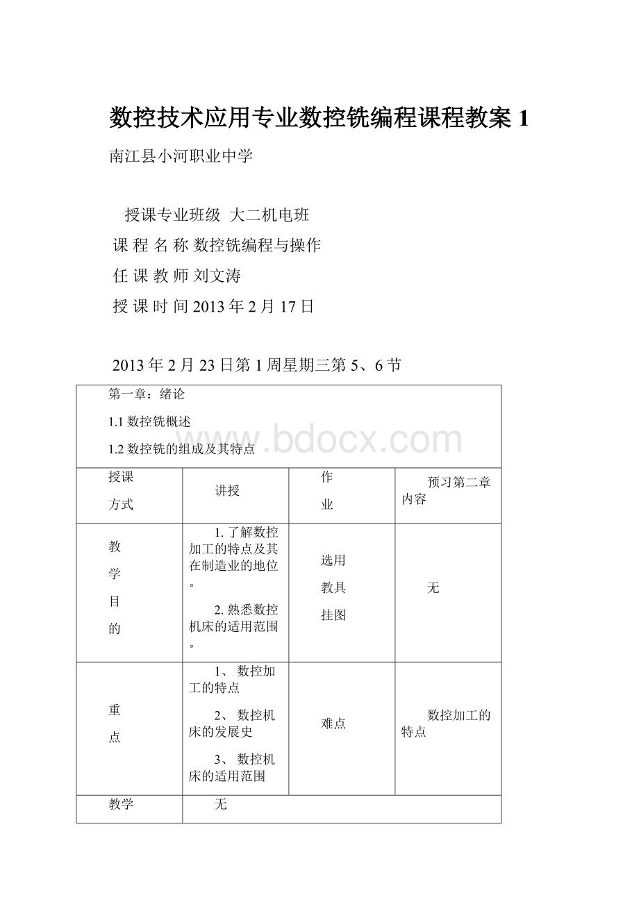 数控技术应用专业数控铣编程课程教案1.docx