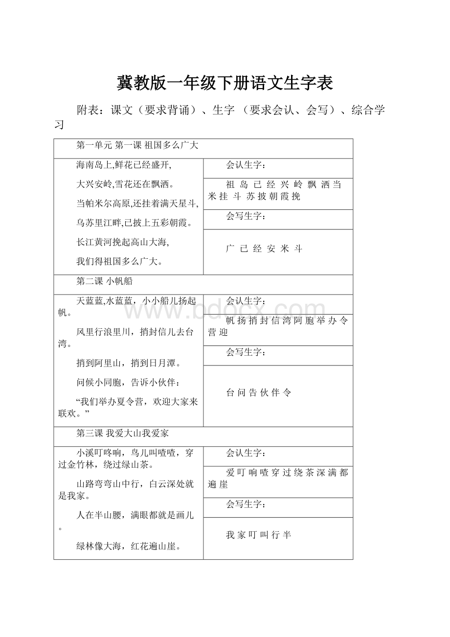 冀教版一年级下册语文生字表.docx_第1页