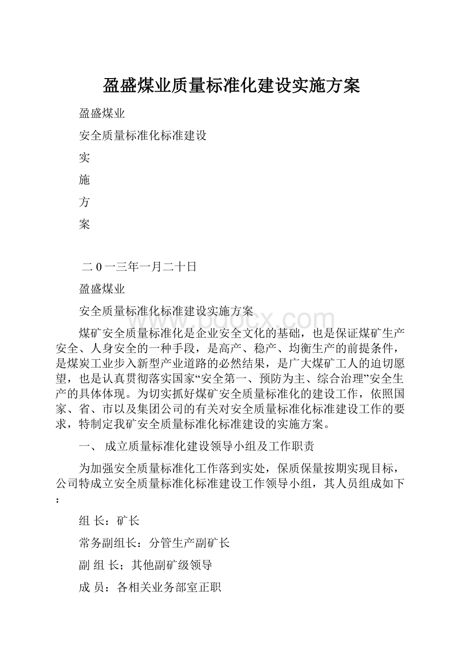 盈盛煤业质量标准化建设实施方案.docx_第1页