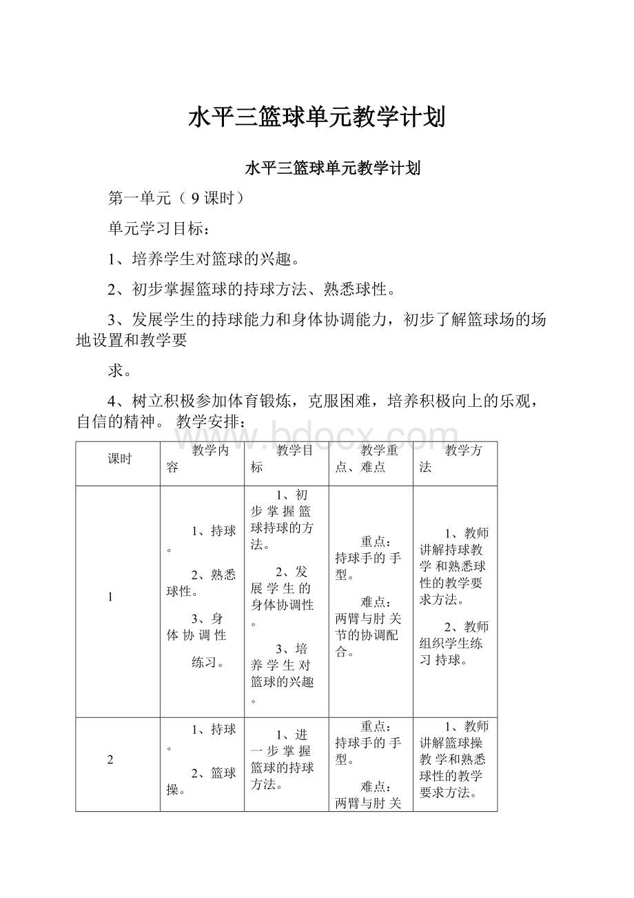 水平三篮球单元教学计划.docx