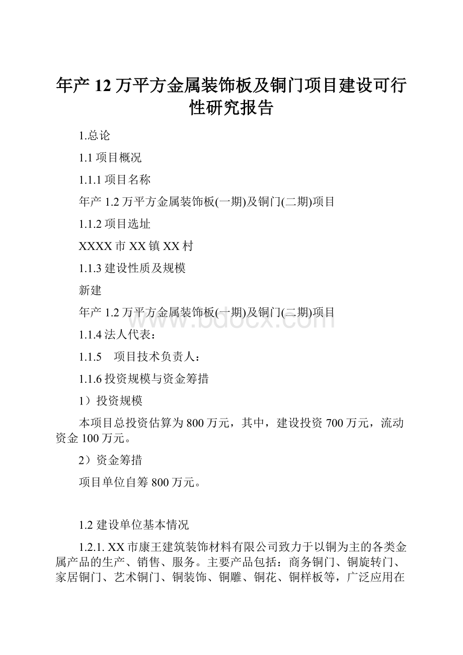 年产12万平方金属装饰板及铜门项目建设可行性研究报告.docx_第1页