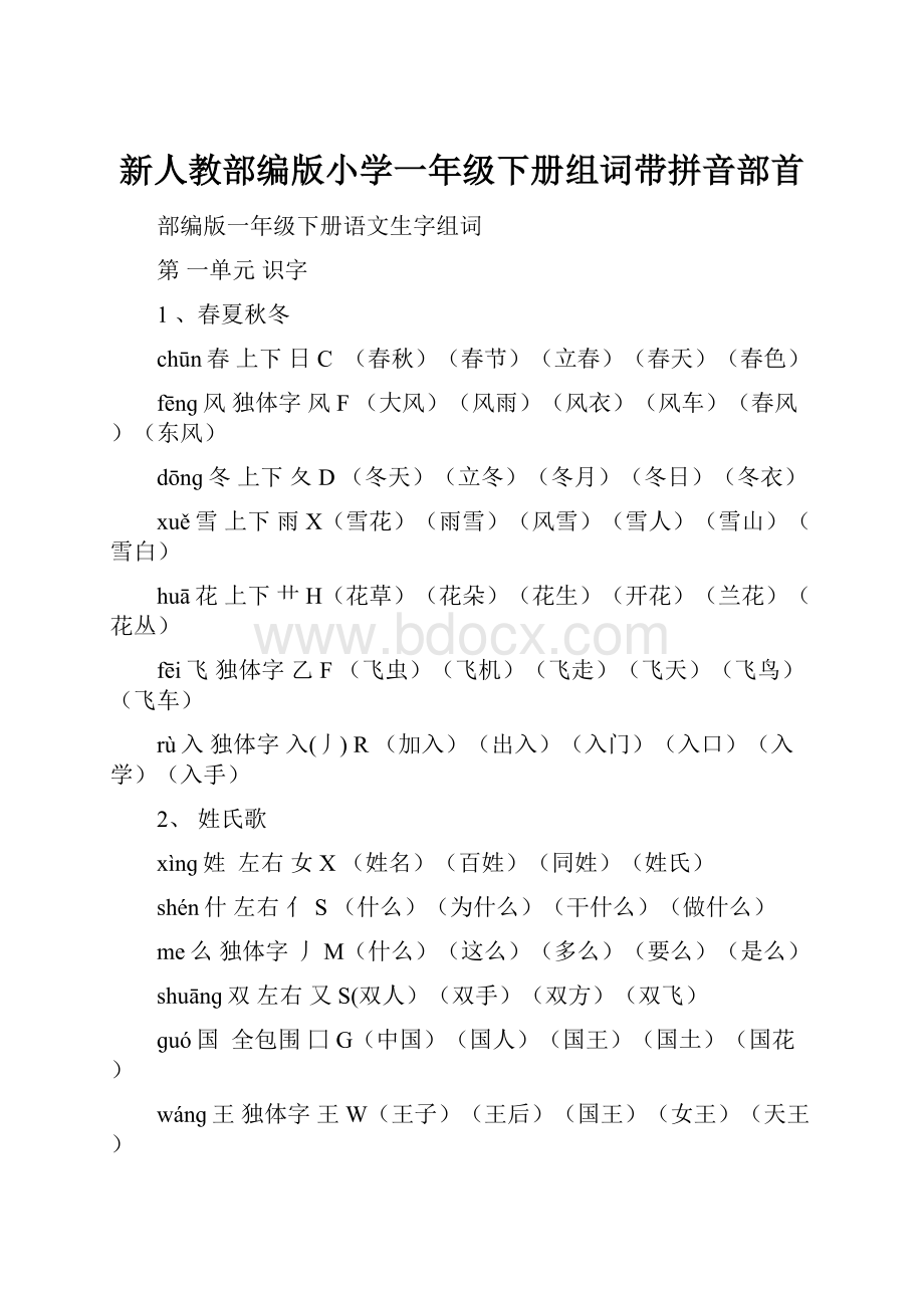 新人教部编版小学一年级下册组词带拼音部首.docx_第1页