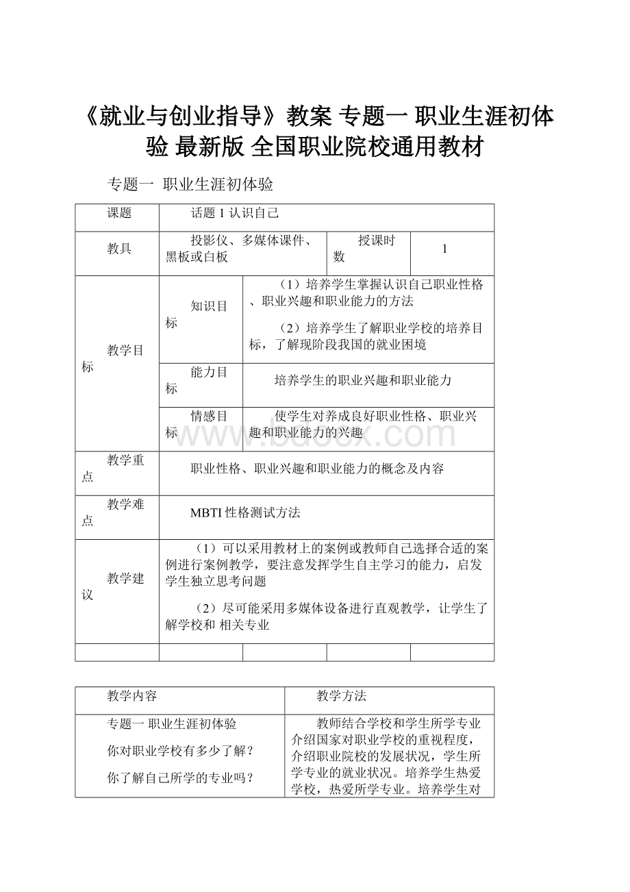 《就业与创业指导》教案 专题一职业生涯初体验最新版 全国职业院校通用教材.docx