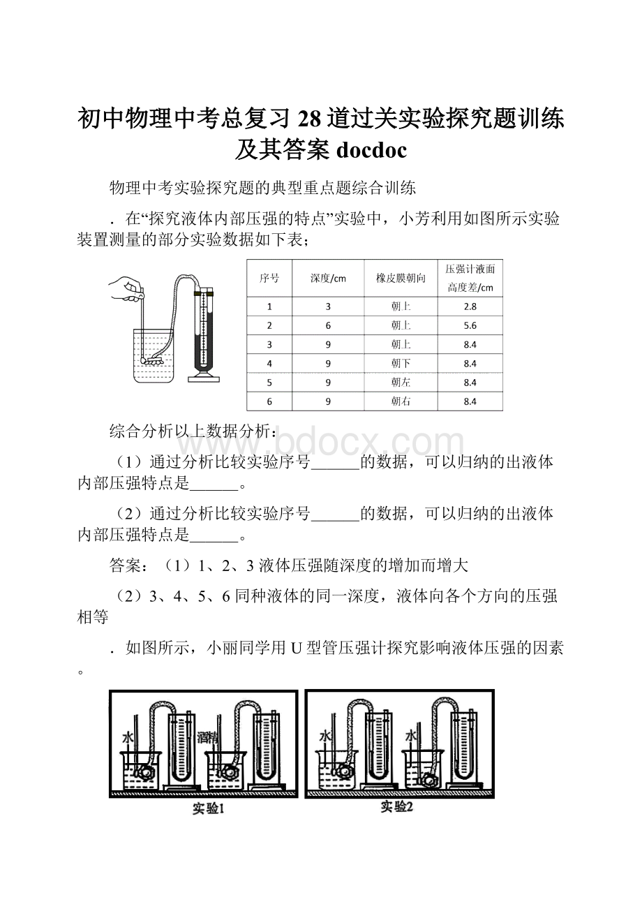 初中物理中考总复习28道过关实验探究题训练及其答案docdoc.docx