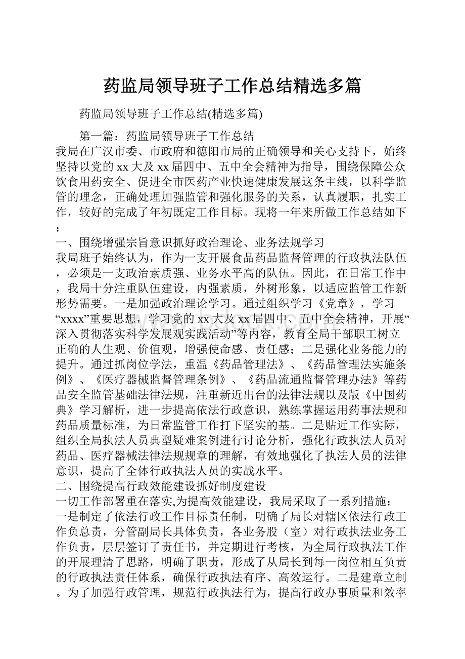 药监局领导班子工作总结精选多篇.docx