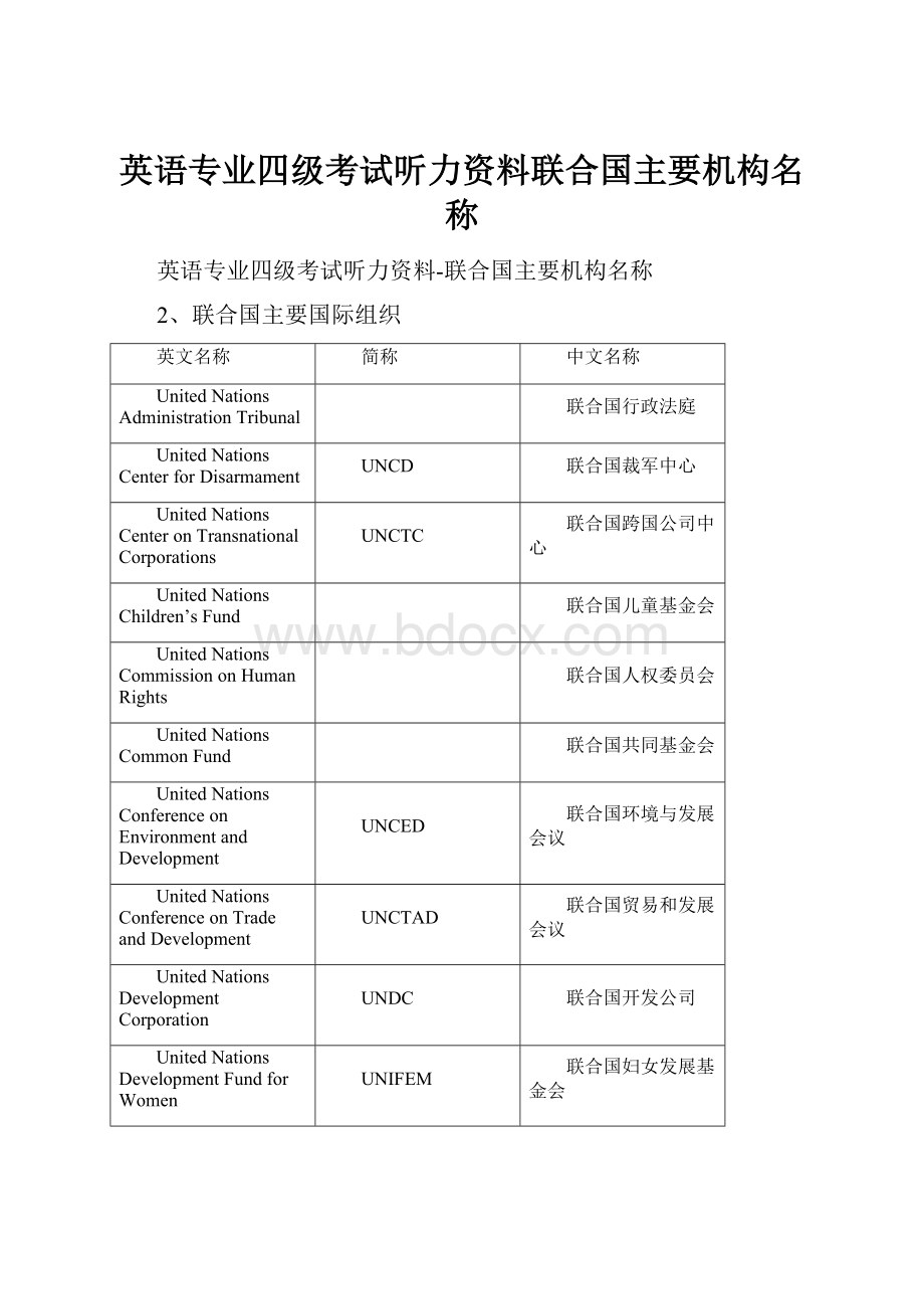 英语专业四级考试听力资料联合国主要机构名称.docx_第1页