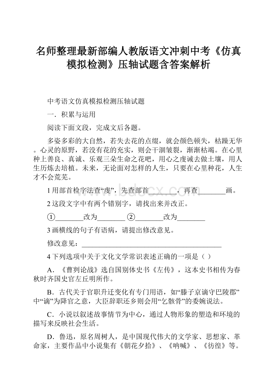 名师整理最新部编人教版语文冲刺中考《仿真模拟检测》压轴试题含答案解析.docx