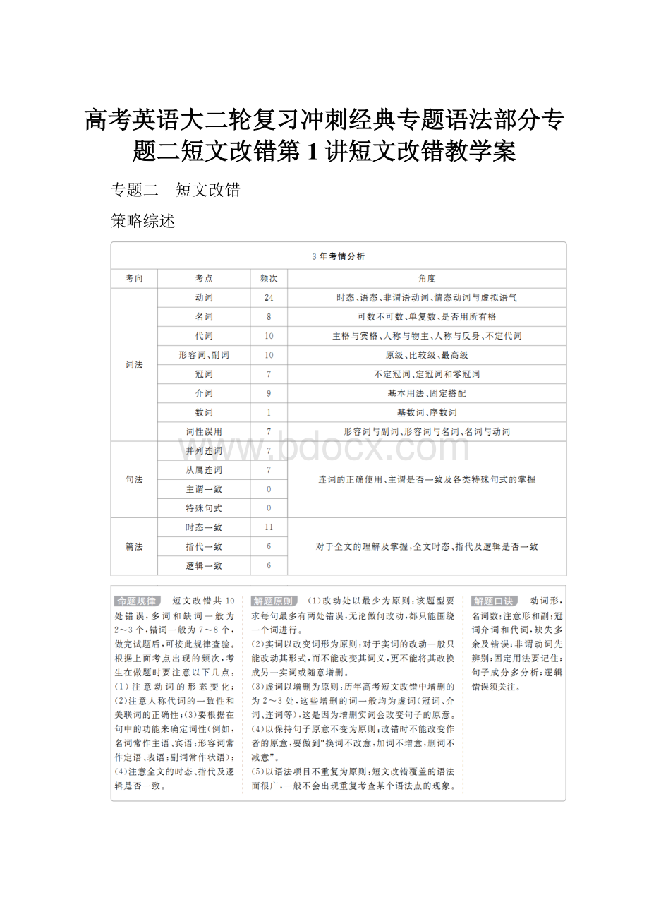 高考英语大二轮复习冲刺经典专题语法部分专题二短文改错第1讲短文改错教学案.docx