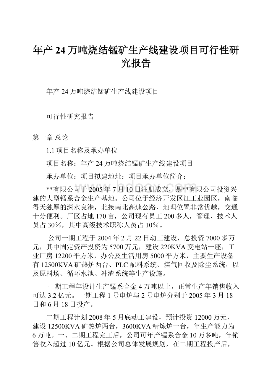 年产24万吨烧结锰矿生产线建设项目可行性研究报告.docx