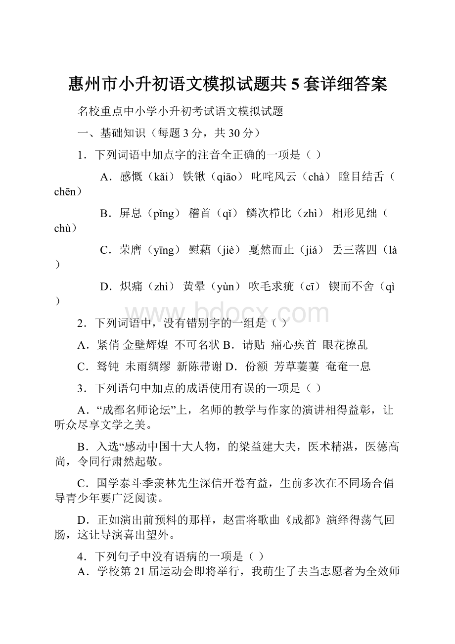 惠州市小升初语文模拟试题共5套详细答案.docx