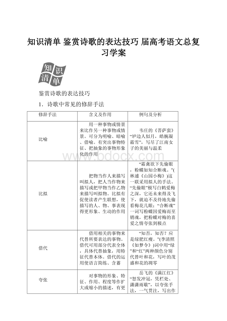 知识清单 鉴赏诗歌的表达技巧 届高考语文总复习学案.docx