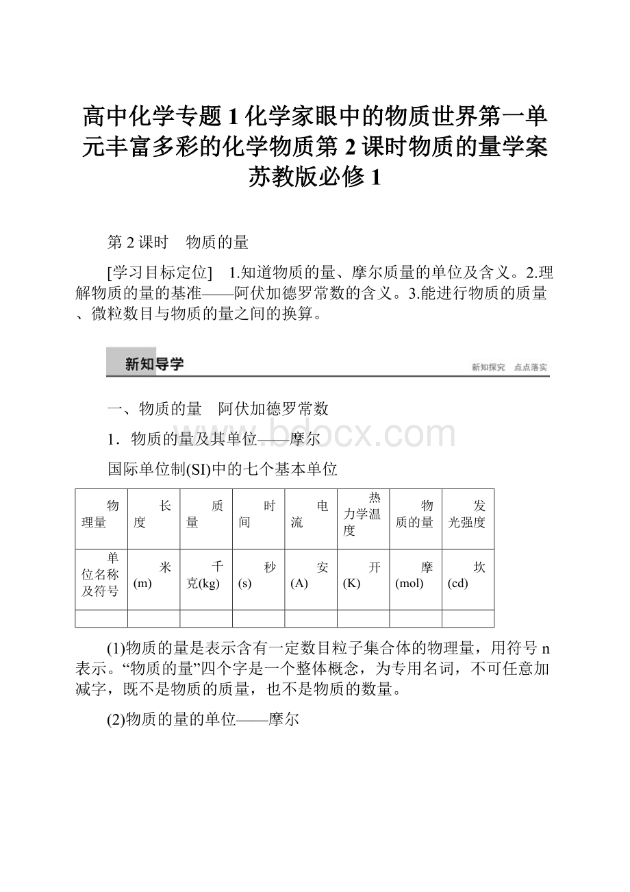 高中化学专题1化学家眼中的物质世界第一单元丰富多彩的化学物质第2课时物质的量学案苏教版必修1.docx