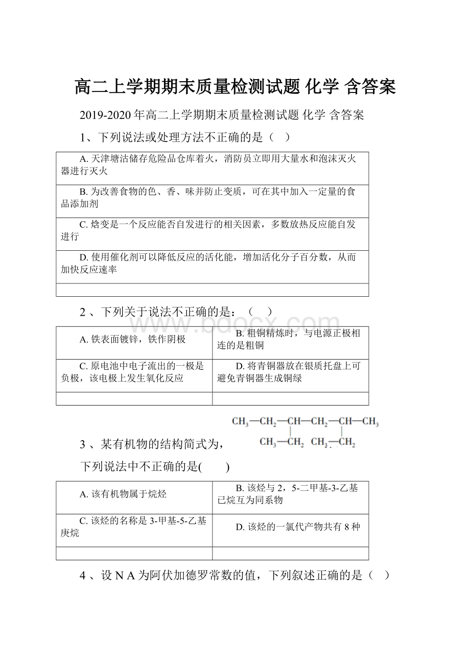 高二上学期期末质量检测试题 化学 含答案.docx