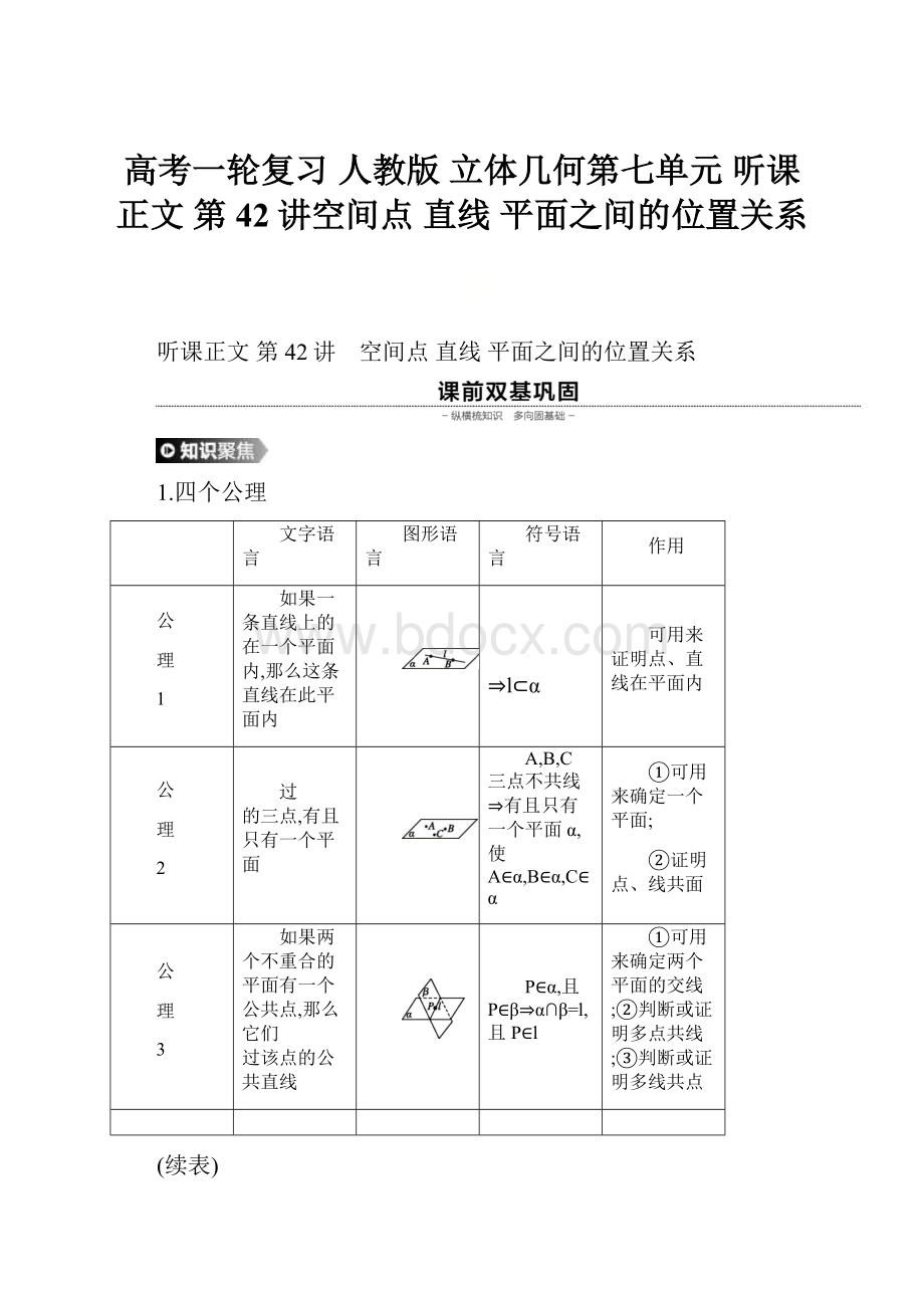 高考一轮复习 人教版 立体几何第七单元 听课正文 第42讲空间点 直线 平面之间的位置关系.docx