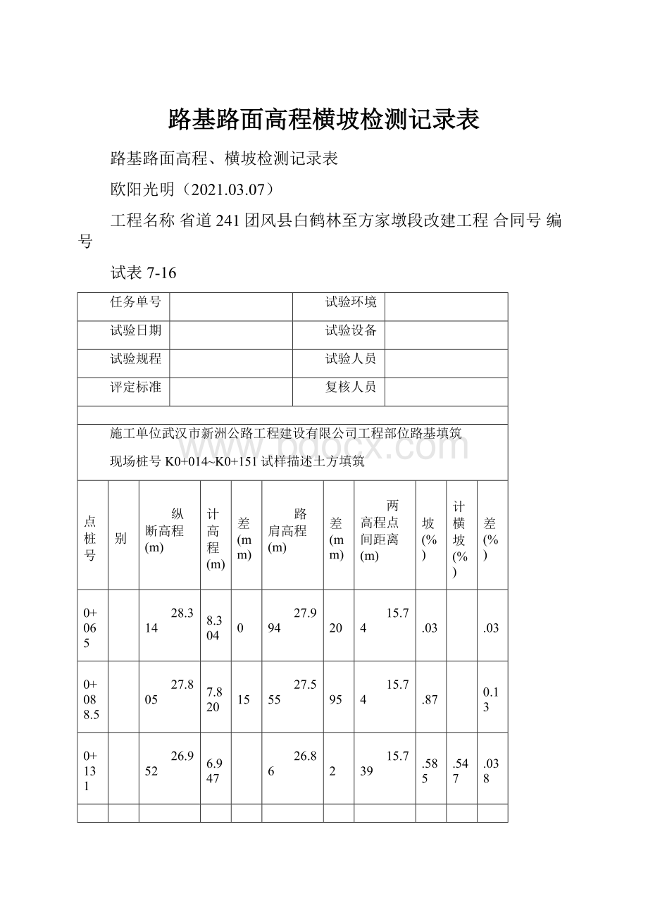 路基路面高程横坡检测记录表.docx_第1页