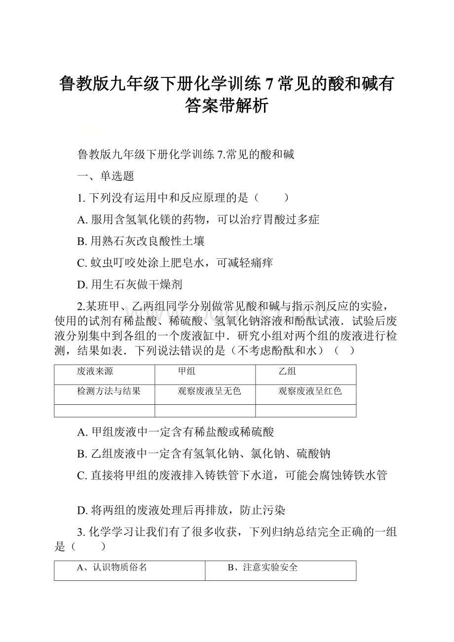 鲁教版九年级下册化学训练 7常见的酸和碱有答案带解析.docx