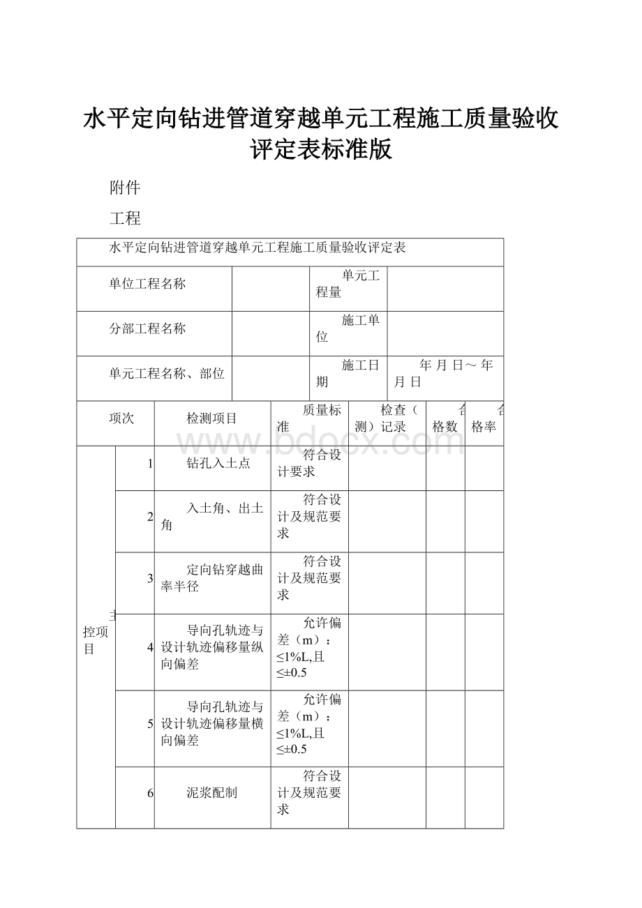 水平定向钻进管道穿越单元工程施工质量验收评定表标准版.docx