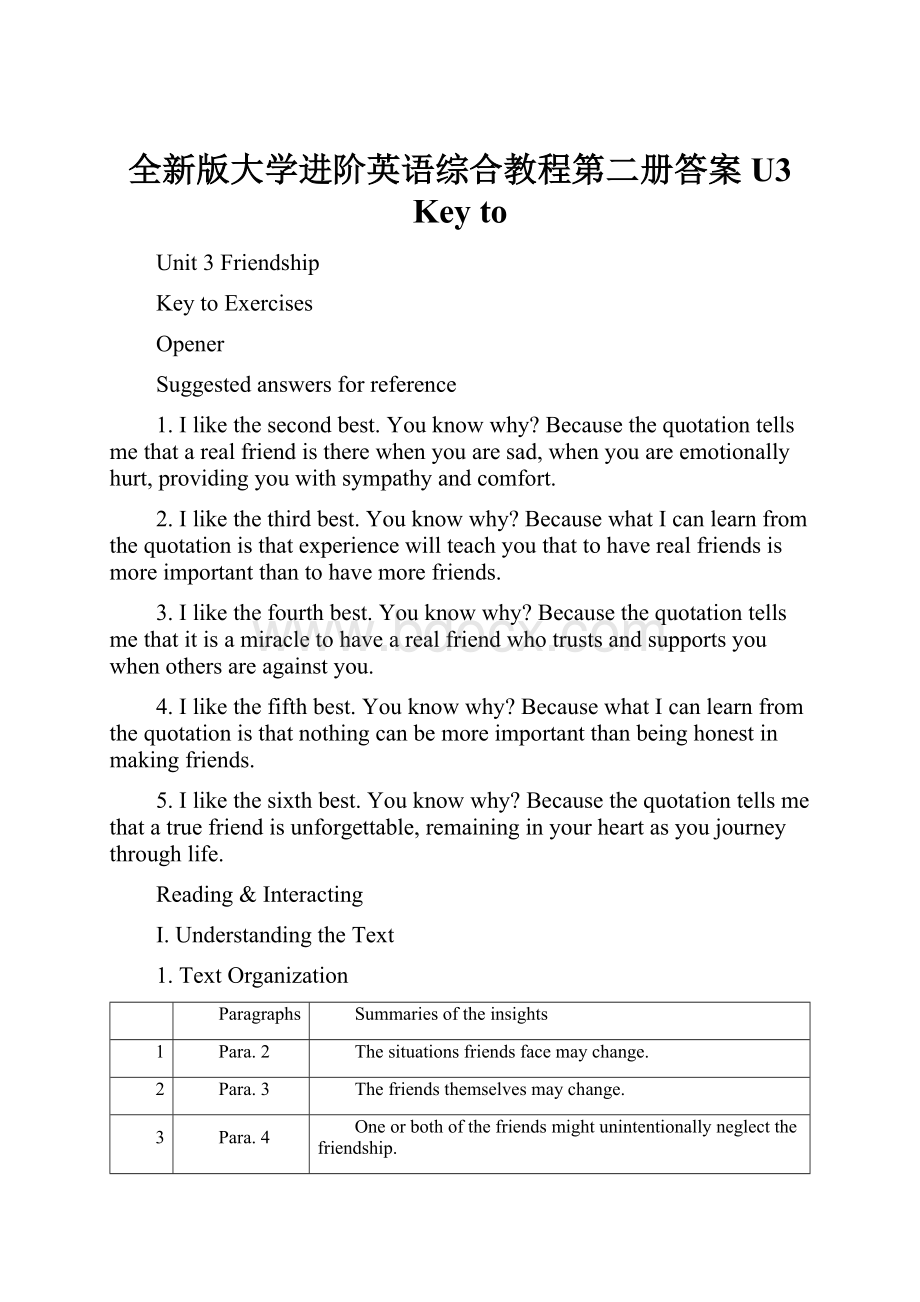 全新版大学进阶英语综合教程第二册答案U3 Key to.docx_第1页