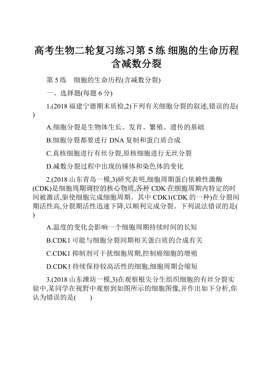 高考生物二轮复习练习第5练 细胞的生命历程含减数分裂.docx