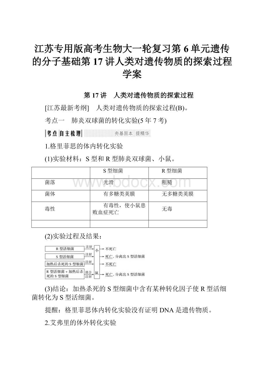 江苏专用版高考生物大一轮复习第6单元遗传的分子基础第17讲人类对遗传物质的探索过程学案.docx