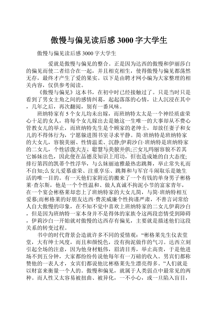 傲慢与偏见读后感3000字大学生.docx