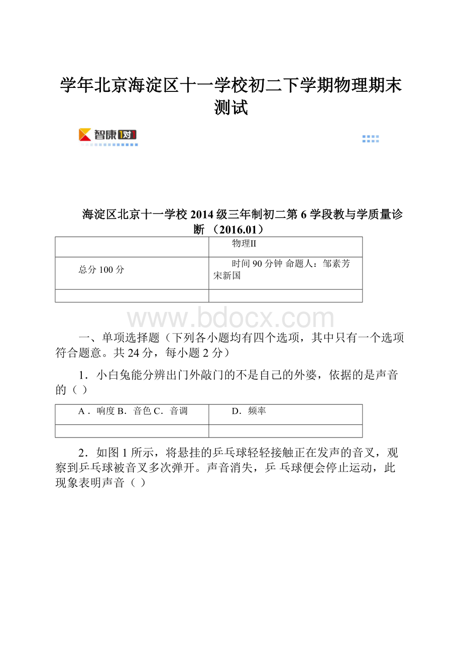 学年北京海淀区十一学校初二下学期物理期末测试.docx_第1页