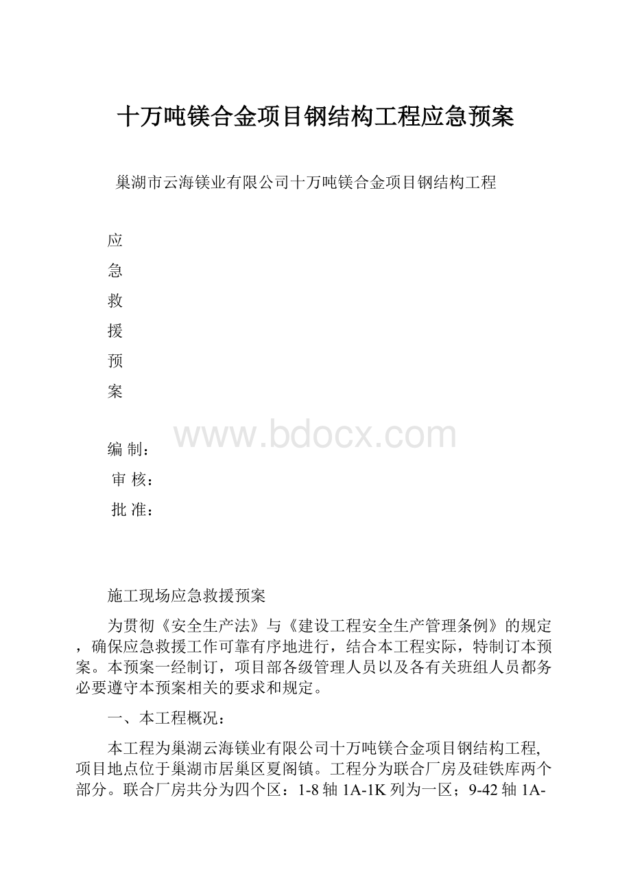 十万吨镁合金项目钢结构工程应急预案.docx