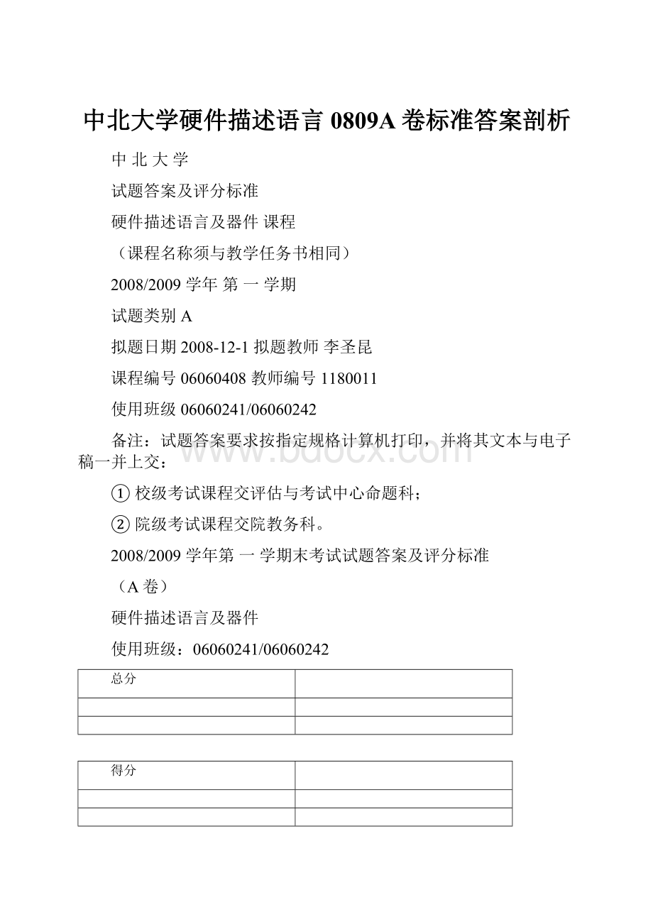 中北大学硬件描述语言0809A卷标准答案剖析.docx