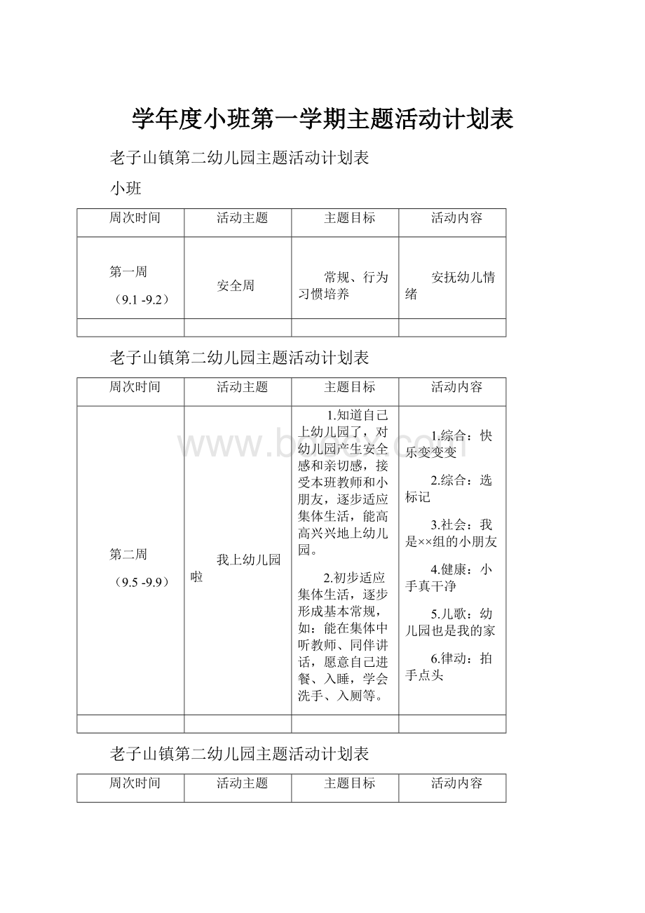 学年度小班第一学期主题活动计划表.docx