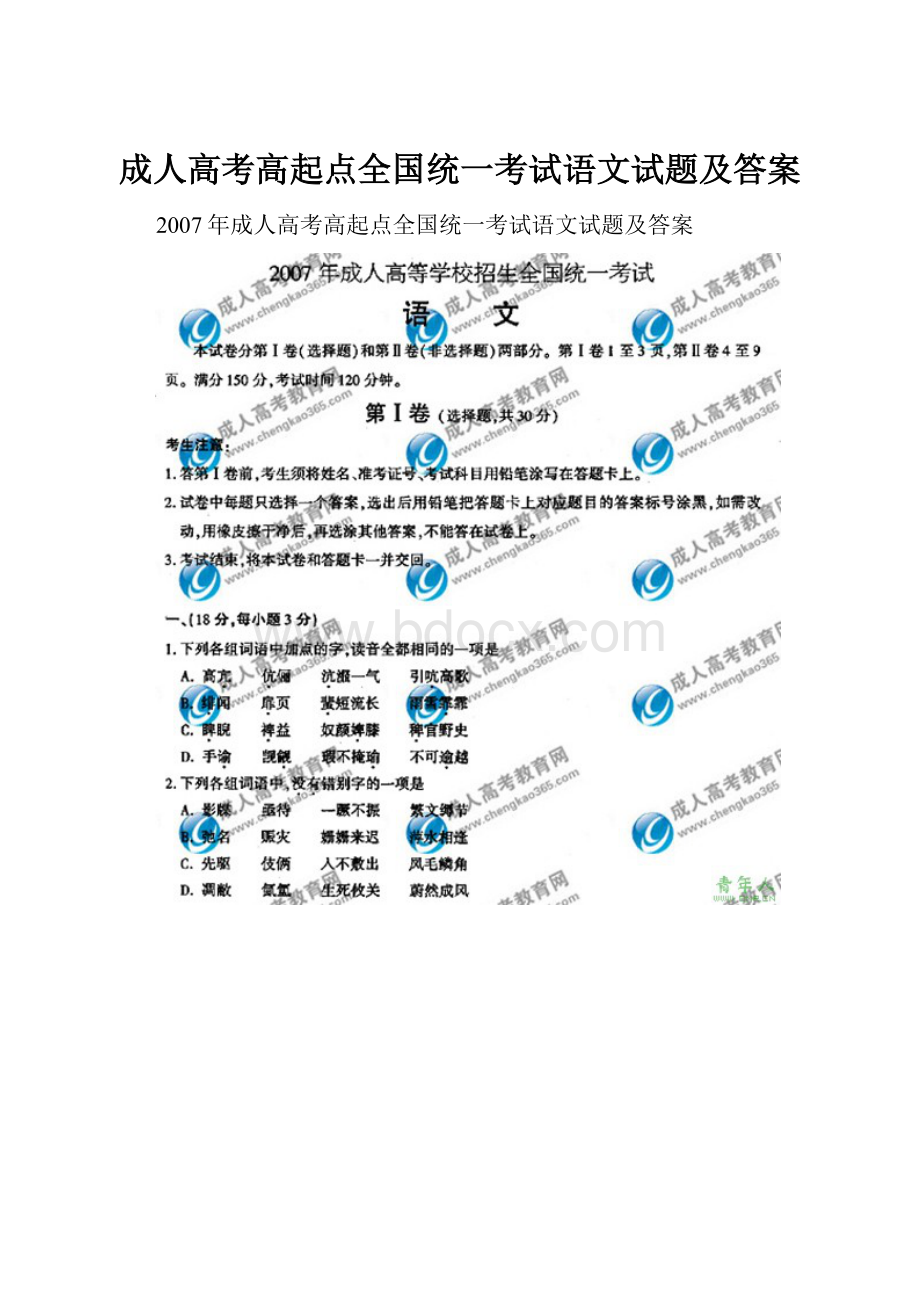 成人高考高起点全国统一考试语文试题及答案.docx