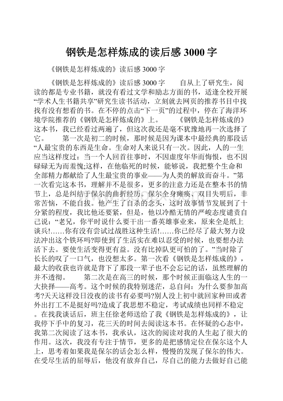 钢铁是怎样炼成的读后感3000字.docx