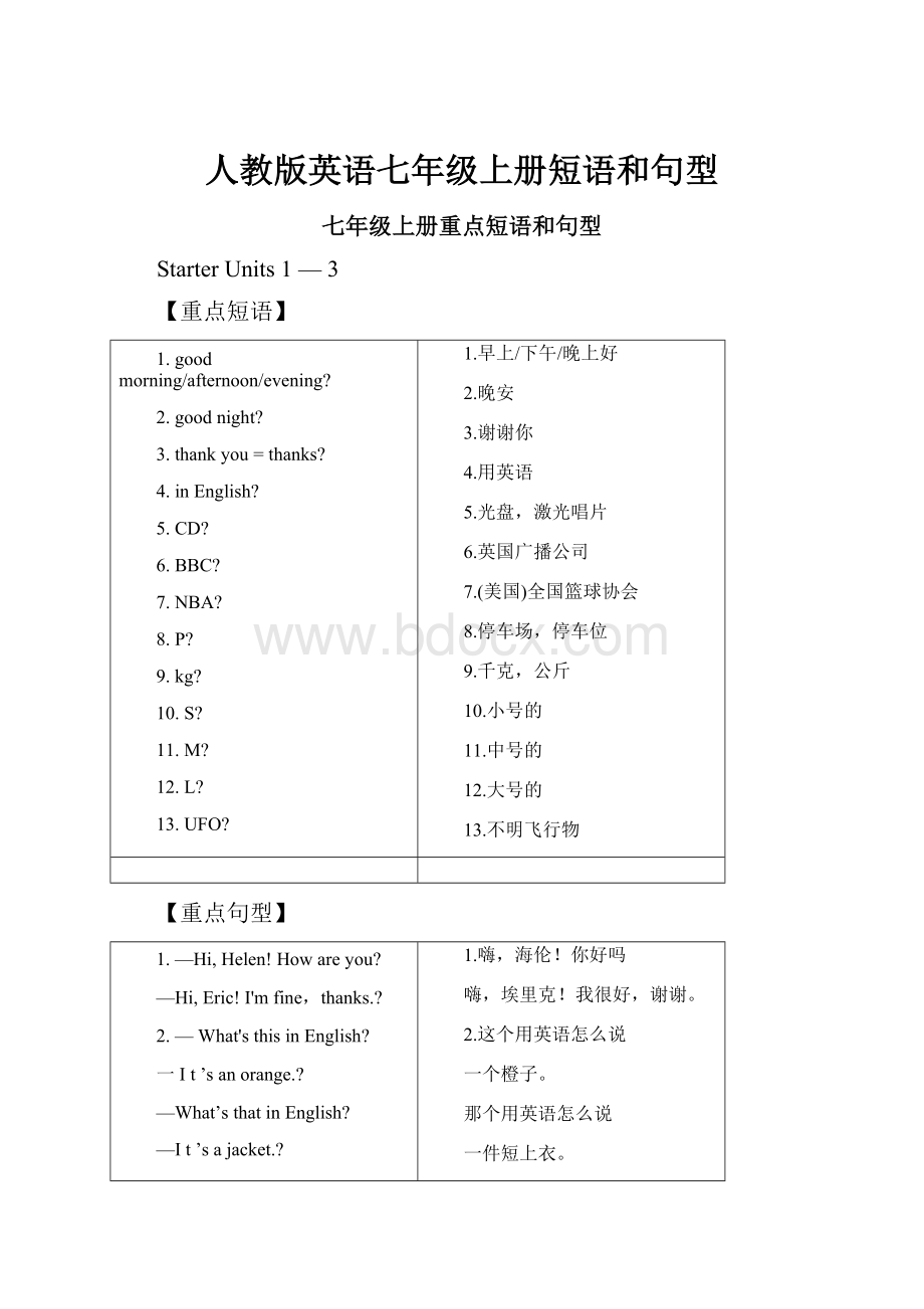 人教版英语七年级上册短语和句型.docx